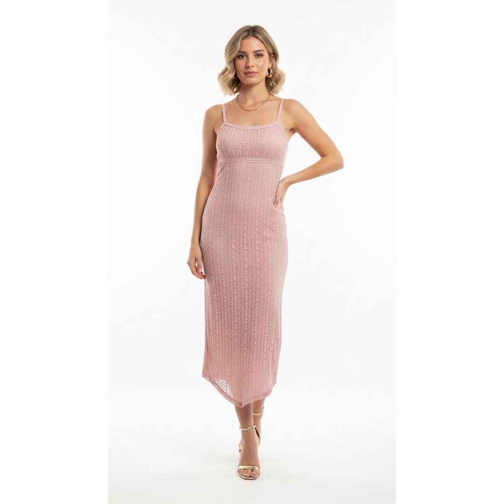 Y2K Women Small 4-6 Pink Midi‎ Slip Dress Lace Padded Strap